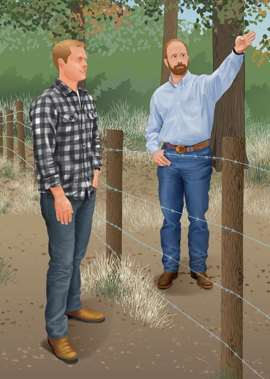 Hunter dressed in street clothes talking with a landowner