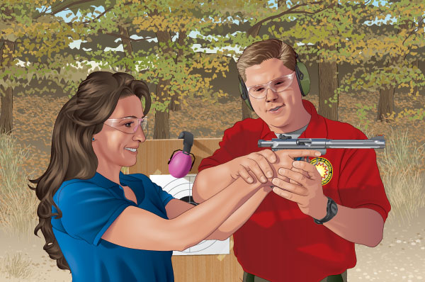An instructor helping a person with her handgun