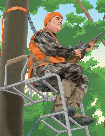Hunter with a firearm in an elevated tree stand