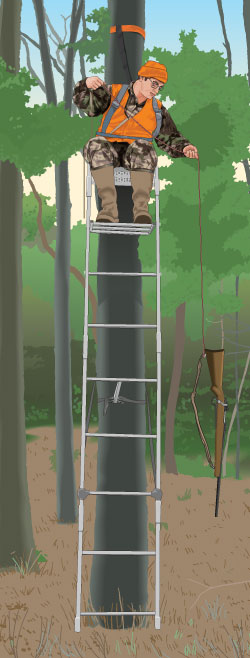 Hunter using haul line to haul rifle up to elevated stand