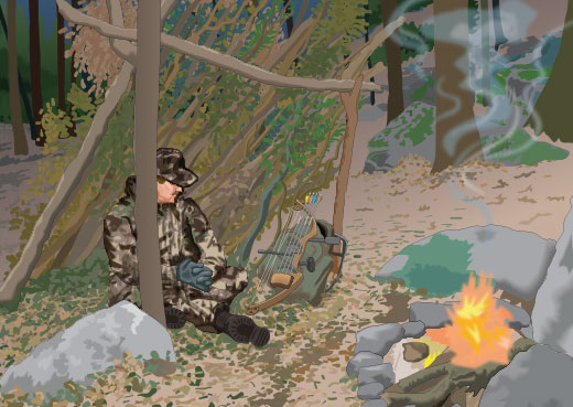 Hunter finding shelter under a lean-to